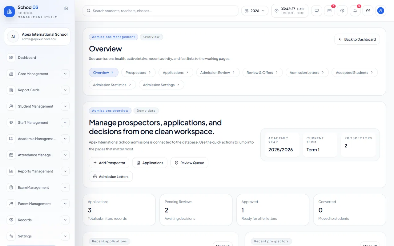SchoolOSCloud admissions management dashboard