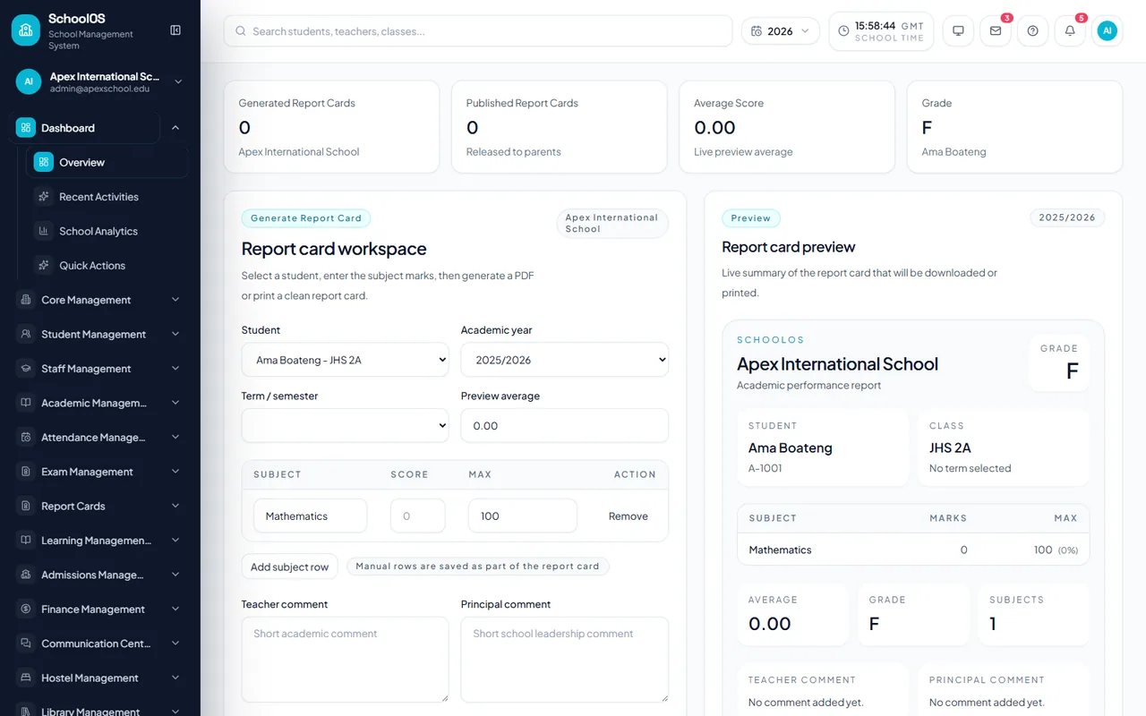 SchoolOSCloud professional report card preview
