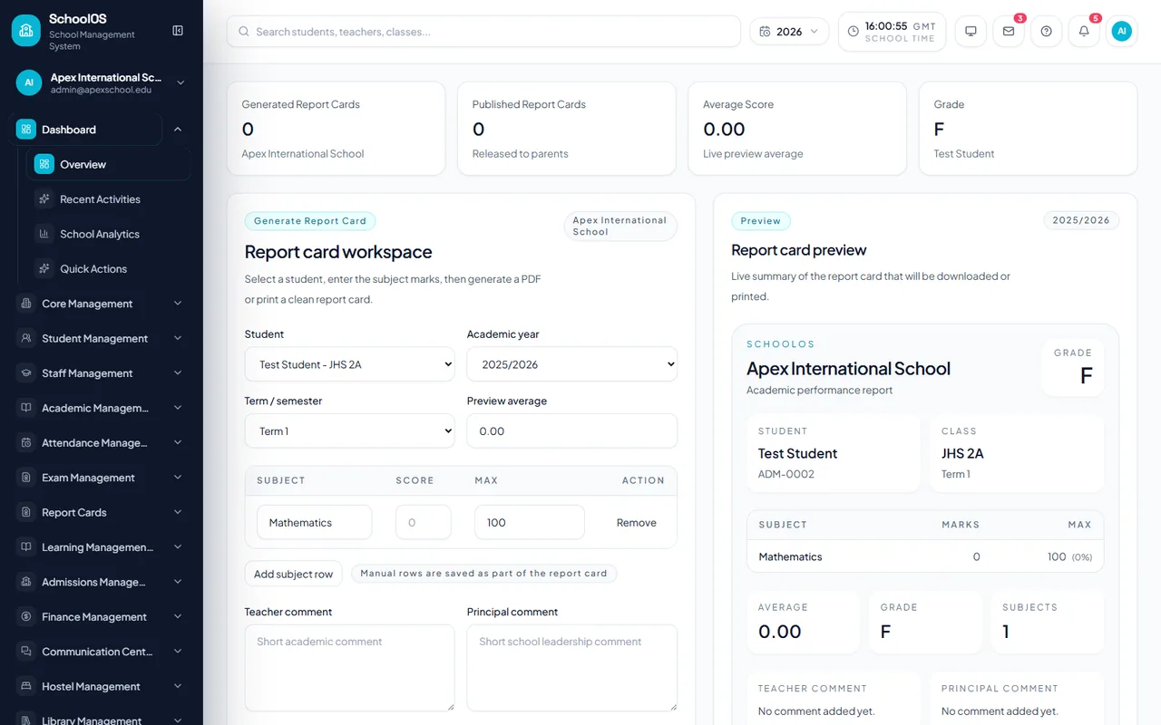 SchoolOSCloud results and report-card workspace