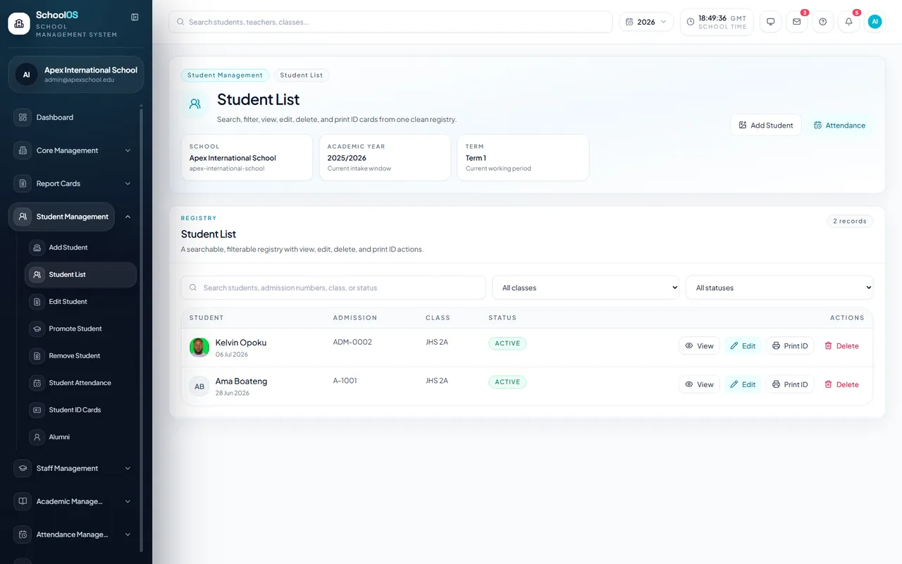 SchoolOSCloud student list and enrolment workspace